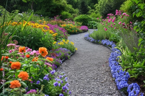 Lush green with blooming flowers with road on forest © SaroStock