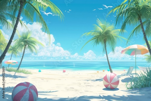 a beach scene with palm trees and beach balls, sunny beach full of palm trees, beach balls, and umbrellas