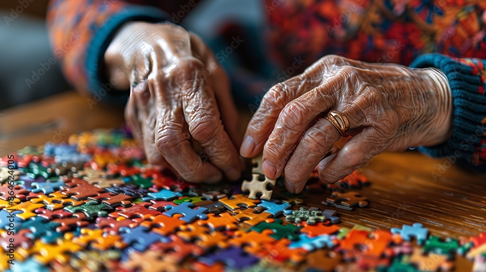 Elderly engaging in cognitive stimulation activities, Close-up of hand putting together a jigsaw puzzle, as part of their Alzheimer's treatment plan. Elderly engaging in cognitive stimulation activities, Close-up of hand putting together a jigsaw puzzle, as part of their Alzheimer's treatment plan.
