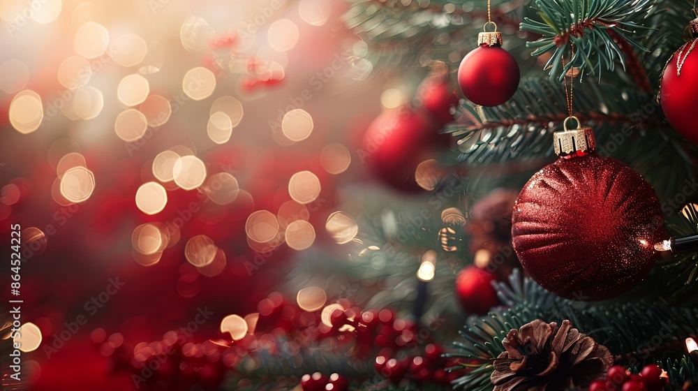 Glittering red baubles and pine cones adorn a decorated tree. The festive bokeh lights enhance the cozy and celebratory holiday ambiance. Glittering red baubles and pine cones adorn a decorated tree. The festive bokeh lights enhance the cozy and celebratory holiday ambiance.