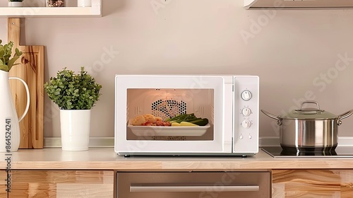 A white microwave with a glass door is shown on a kitchen counter. The microwave is turned on and there is food inside