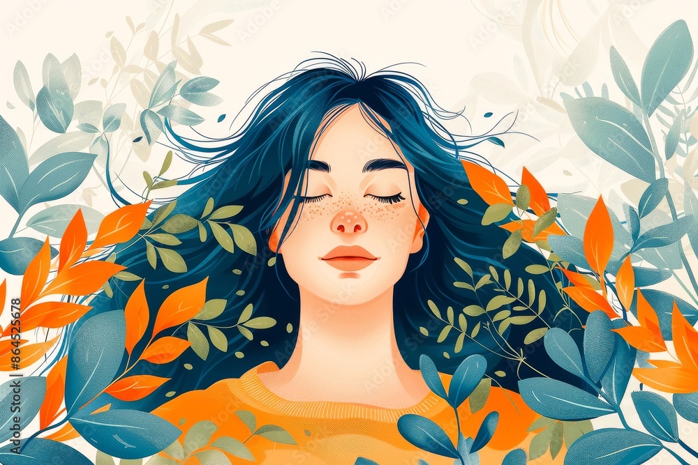 Illustration of a girl with eyes closed, surrounded by colorful leaves, embodying peace and tranquility Illustration of a girl with eyes closed, surrounded by colorful leaves, embodying peace and tranquility