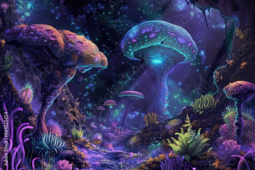 Cute space scene filled with alien plants, creatures, and unidentified planets © SaroStock