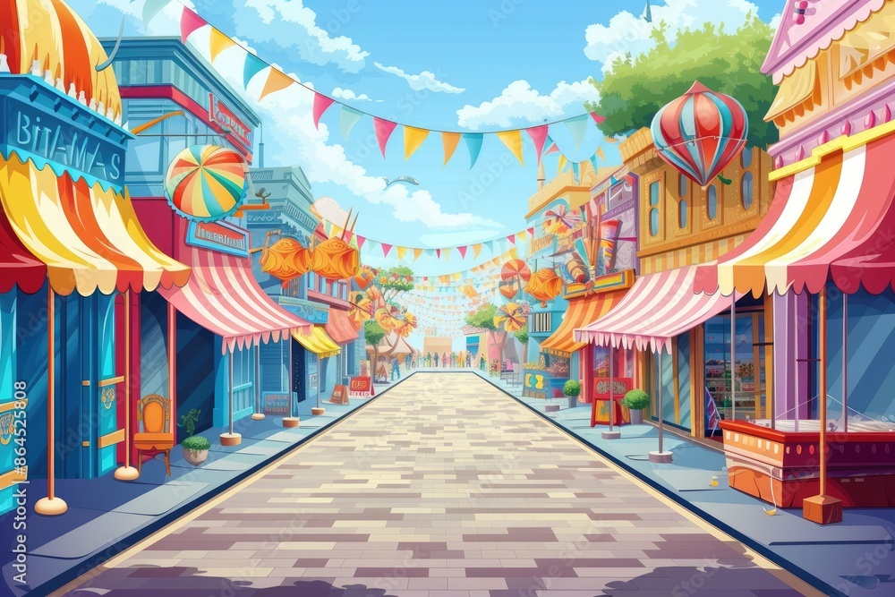 a street with colorful umbrellas and tables, birthday background featuring a vibrant street fair a street with colorful umbrellas and tables, birthday background featuring a vibrant street fair