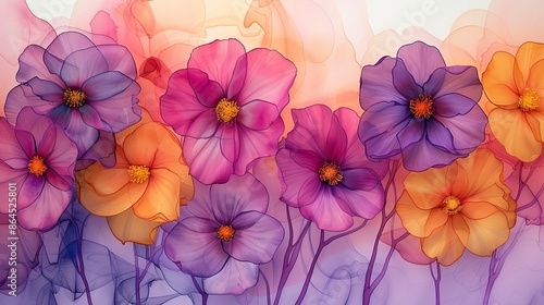 Beautiful Watercolor Bouquet of Witch Hazel (Hamamelis virginiana) Flowers Depicted in Pastel Shades of Alcohol and Ink