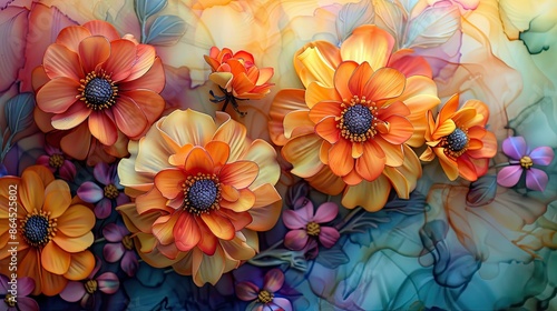 Beautiful Watercolor Bouquet of Witch Hazel (Hamamelis virginiana) Flowers Depicted in Pastel Shades of Alcohol and Ink