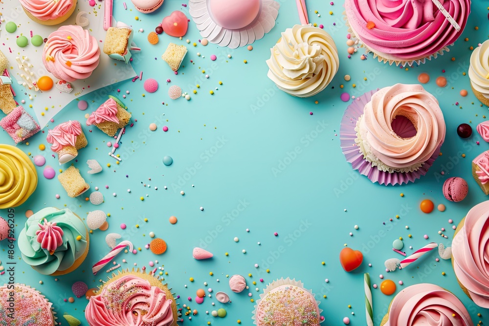 a solar system with planets, festive birthday background with a variety of sweets a solar system with planets, festive birthday background with a variety of sweets