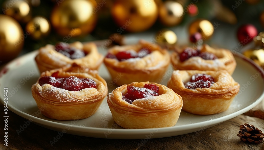 A plate with six pastries arranged in various directions on an old wooden table. They are filled with fruit or sweet ingredients. A bowl with gold ornaments adds festive appeal. A plate with six pastries arranged in various directions on an old wooden table. They are filled with fruit or sweet ingredients. A bowl with gold ornaments adds festive appeal.