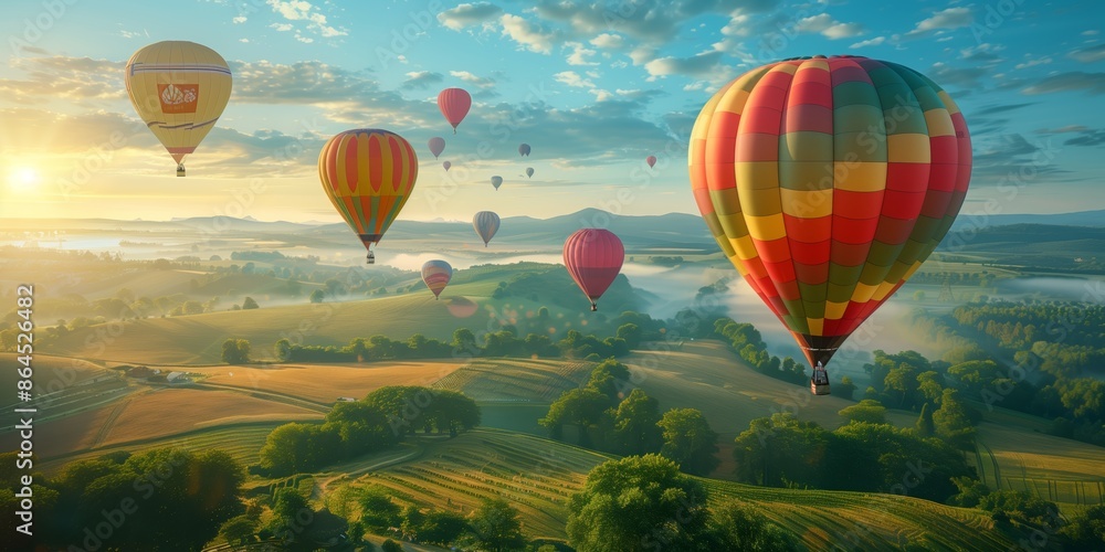 Fototapeta premium High-Quality Wide Photograph of Vibrant Hot Air Balloons over Scenic Landscape for Adventure and Travel Inspiration, Array of Colorful Hot Air Balloons Floating Above Beautiful Landscape at Sunrise 