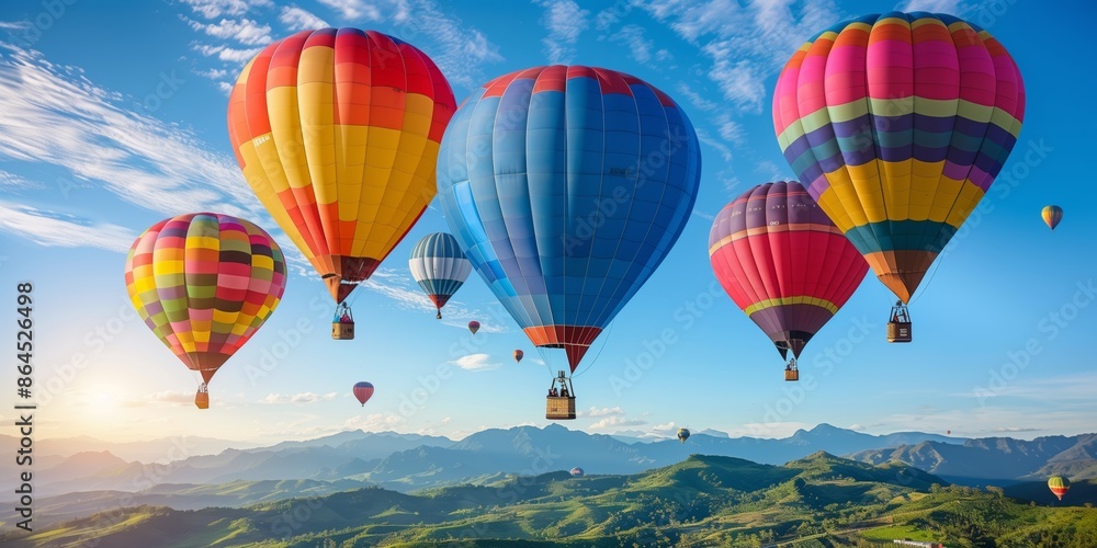 Fototapeta premium High-Quality Wide Photograph of Vibrant Hot Air Balloons over Scenic Landscape for Adventure and Travel Inspiration, Array of Colorful Hot Air Balloons Floating Above Beautiful Landscape at Sunrise