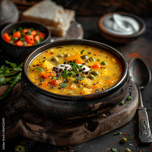 A Professional Photograph of a Bowl of Mulligatawny Soup or Stew photo