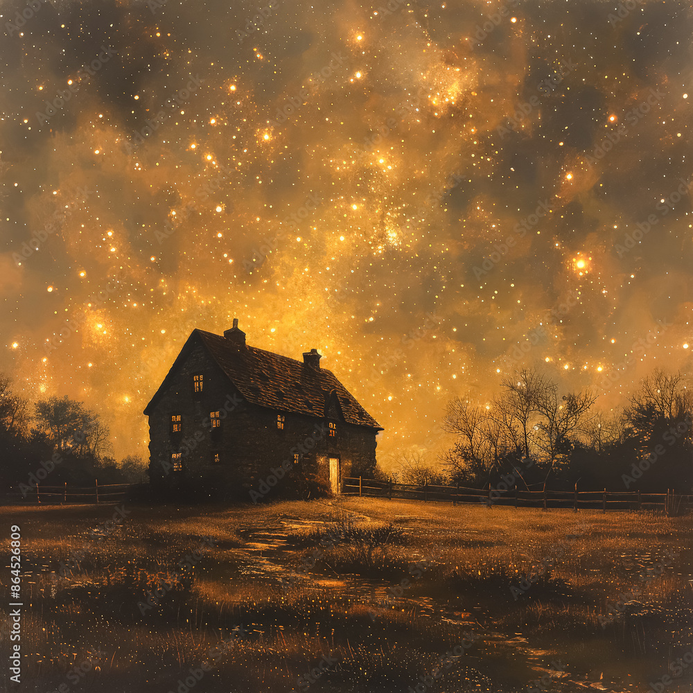 A small house is in the middle of a field with a road leading to it. The sky is filled with stars and the sun is setting