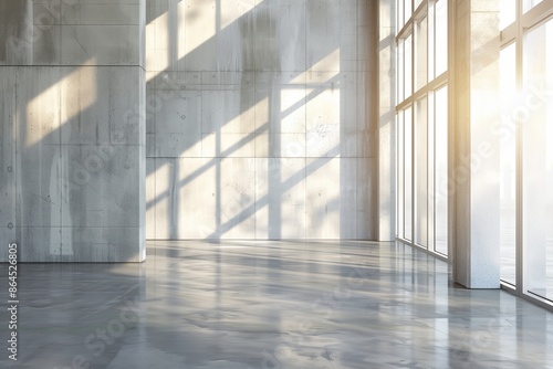 Empty interior space, modern design. Concrete walls, blank background. Bright light, contemporary architecture. Sunlit rooms, abstract concepts. Indoor shadows, textured cement.