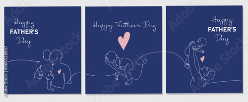 Vector set of one line drawing greeting card for Happy Father Day. Vector illustration of father holding a new born baby in oneline style.
