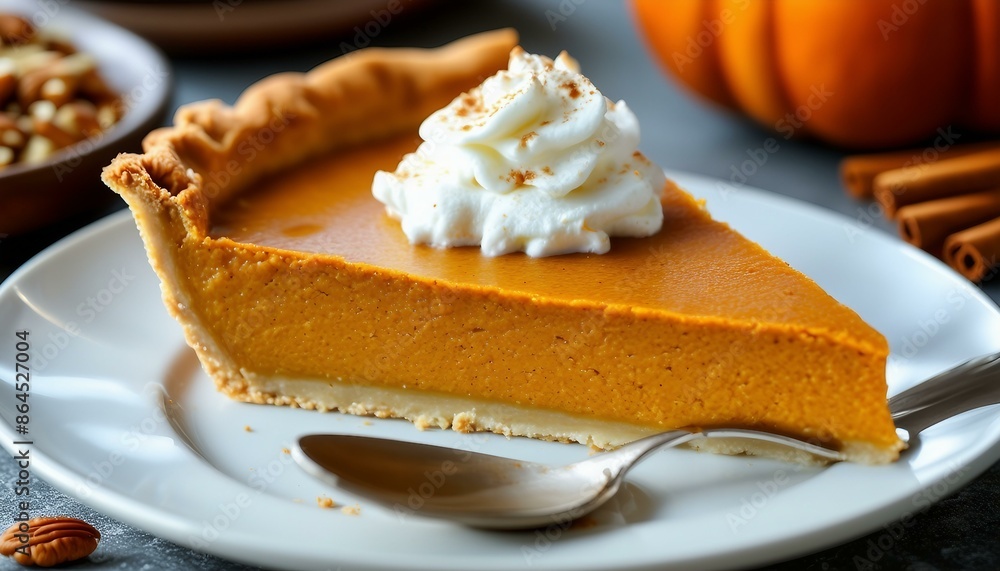 A plate with pumpkin pie and whipped cream. Next to it, a bowl of nuts and treats with a spoon on top. Cinnamon sticks are in the background on the countertop. A plate with pumpkin pie and whipped cream. Next to it, a bowl of nuts and treats with a spoon on top. Cinnamon sticks are in the background on the countertop.