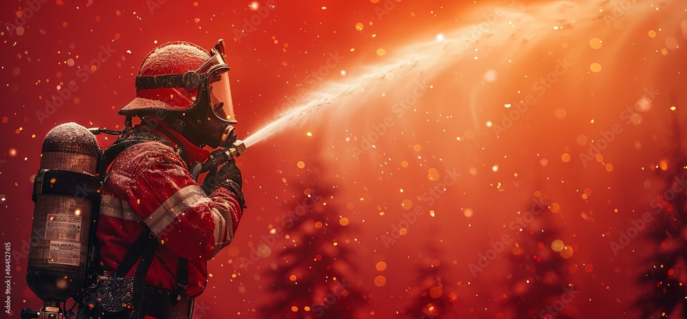 Firefighter in action, firefighter spraying water, fire danger concept Firefighter in action, firefighter spraying water, fire danger concept