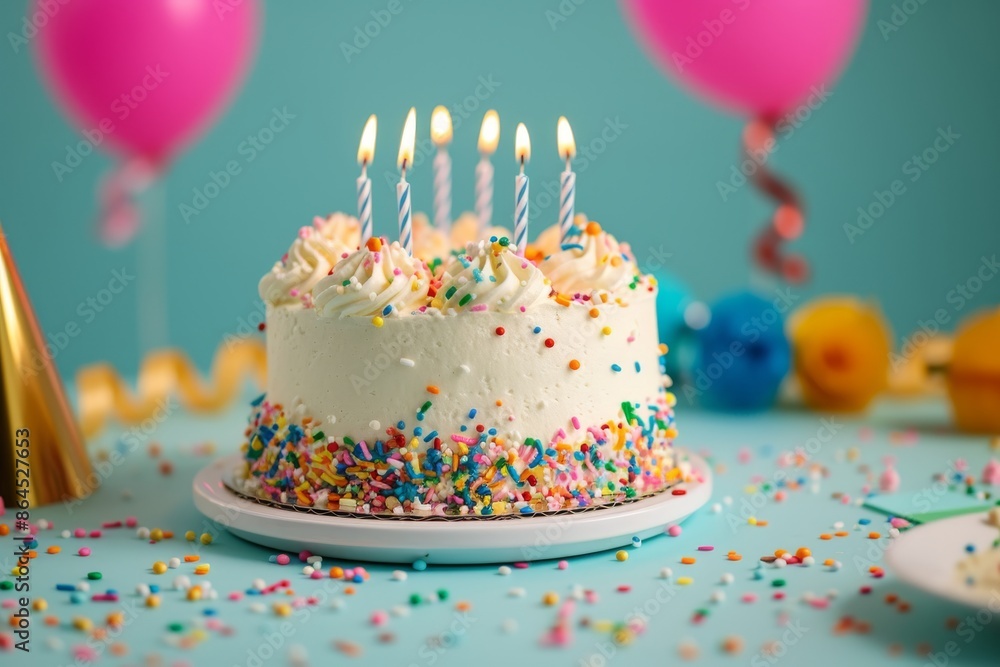 birthday cake with candles and presents, Illustrate a birthday cake surrounded by festive decorations birthday cake with candles and presents, Illustrate a birthday cake surrounded by festive decorations