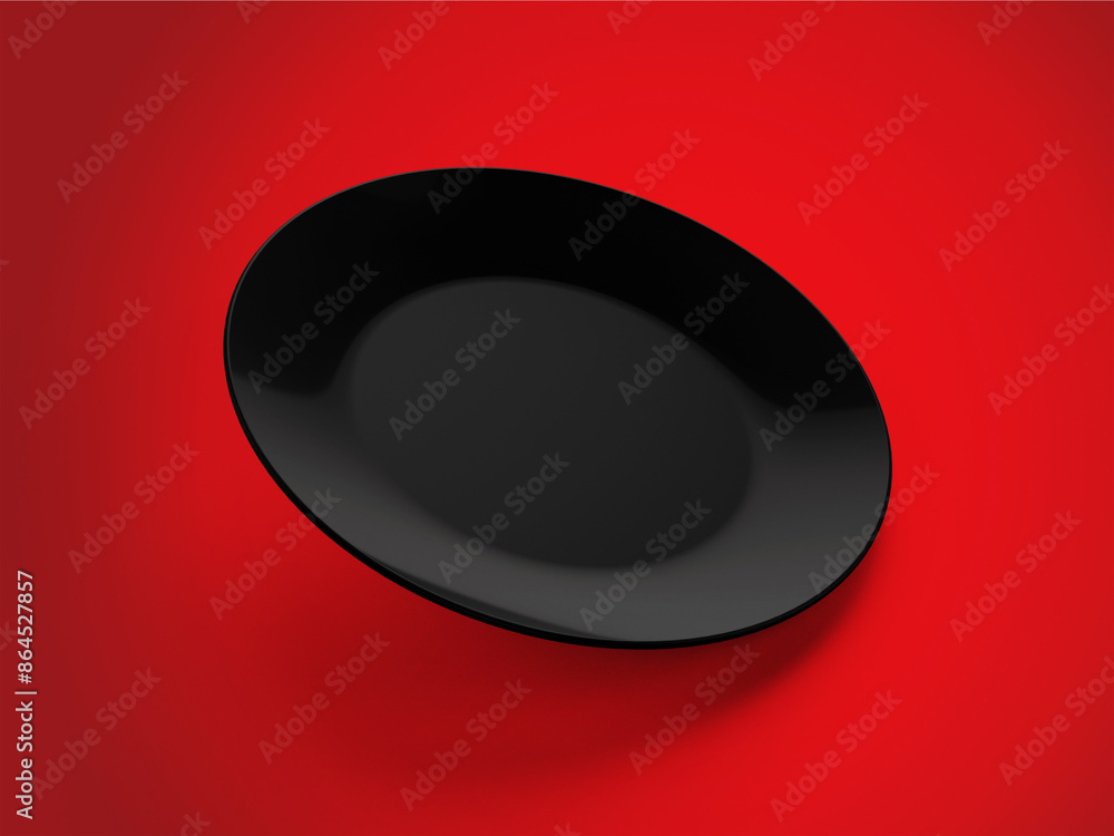 3D Illustration. Black plate isolated on red background. 3D Illustration. Black plate isolated on red background.