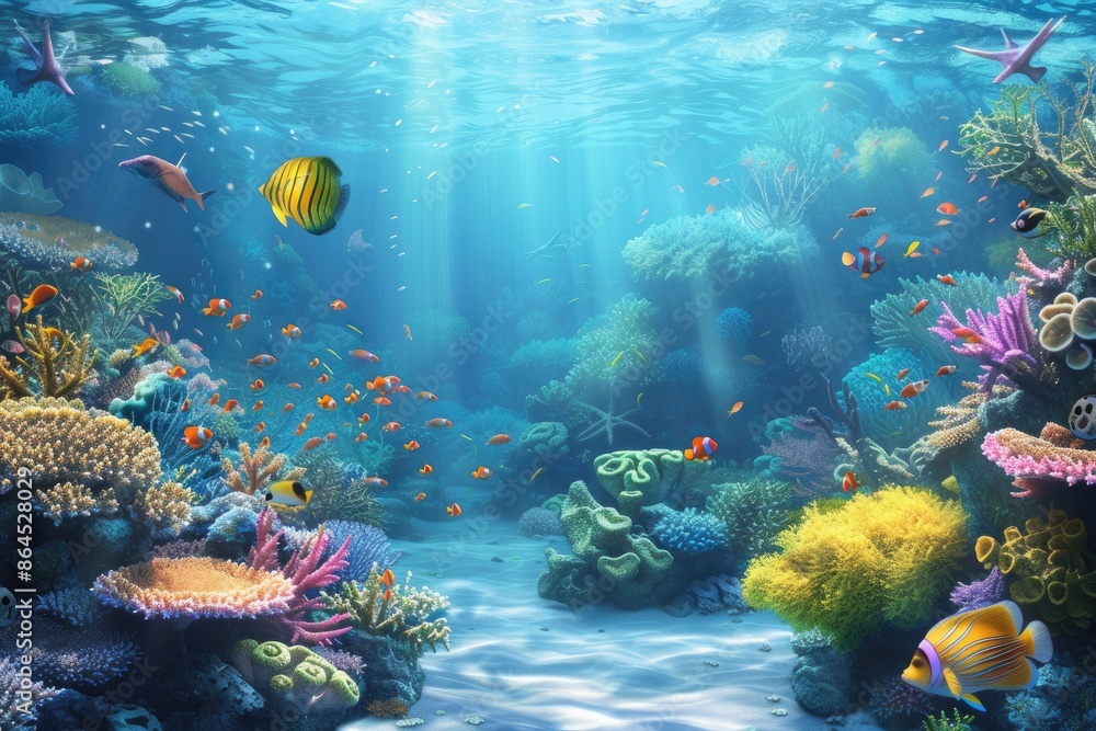 Naklejka premium a large aquarium with many different fish, Illustrate a gift box in a serene underwater world with coral reefs
