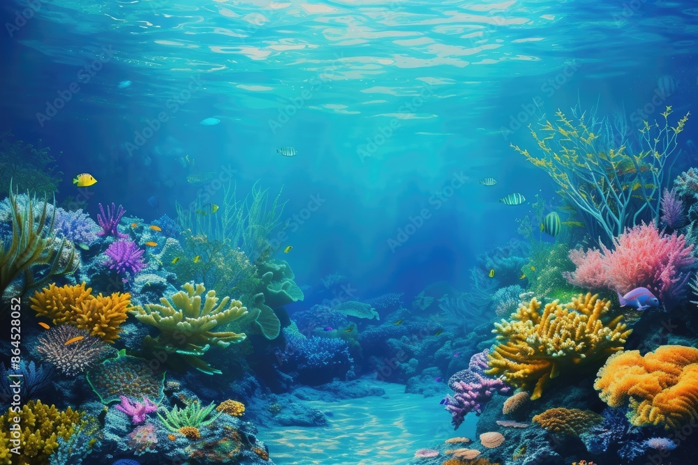 Fototapeta premium a large aquarium with many different fish, Illustrate a gift box in a serene underwater world with coral reefs