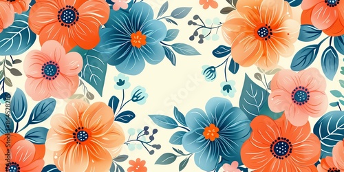 A seamless floral pattern featuring large, vibrant flowers in shades of red and blue.