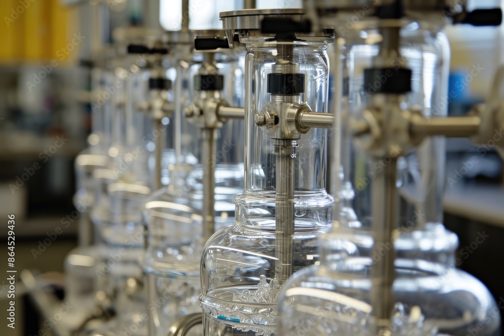 a bunch of glass bottles on a shelf, Showcase the elegance of a lab filtration apparatus a bunch of glass bottles on a shelf, Showcase the elegance of a lab filtration apparatus