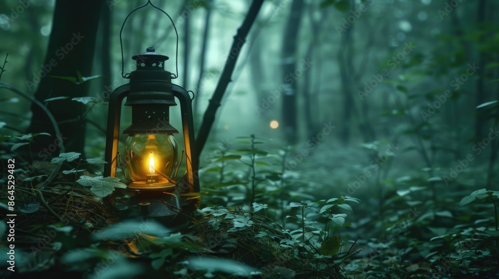 Lantern lit up in woods Lantern lit up in woods