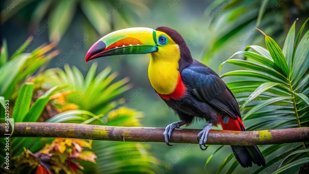 Vibrant yellow-throated toucan perched on a lush green branch, showcasing its brightly colored beak and plumage in a tropical rainforest environment. Vibrant yellow-throated toucan perched on a lush green branch, showcasing its brightly colored beak and plumage in a tropical rainforest environment.