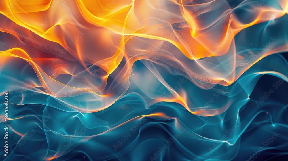 Obraz premium Abstract noisy background, yellow orange blue glowing color shape, grainy wave dark noise texture poster cover header wallpaper design