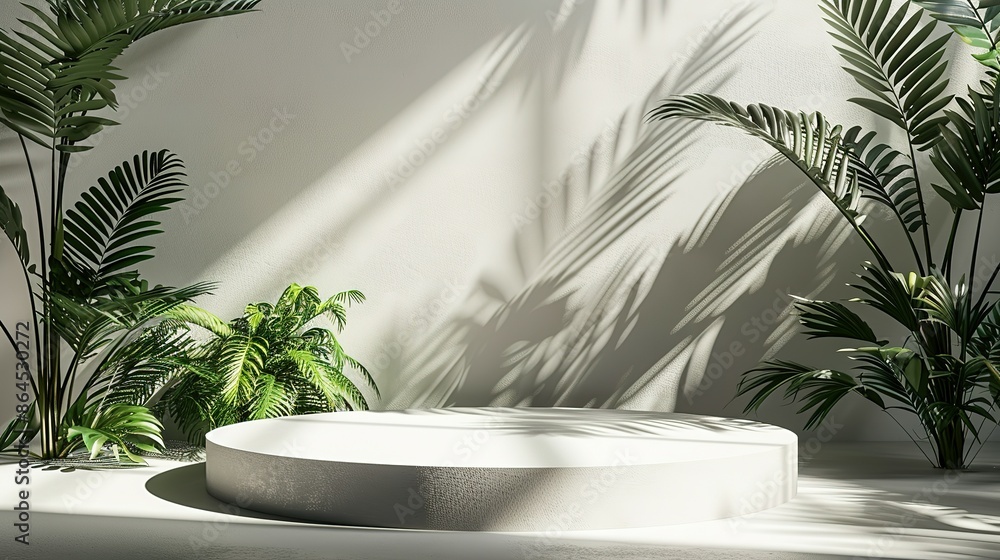 White Minimalist Product Display with Palm Trees White Minimalist Product Display with Palm Trees
