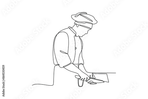 Continuous one line drawing of a chef is chopping onions. Healthy organic food concept single line draw graphic design vector illustration