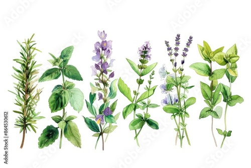 a painting of herbs and spices on a table, Watercolor of herbs and plants used in traditional medicine © SaroStock