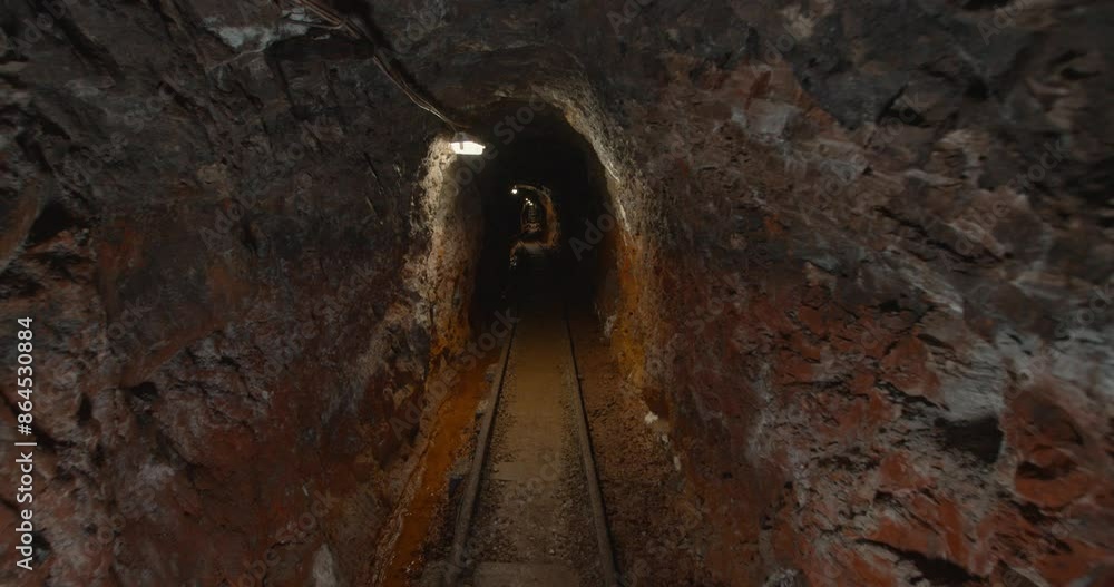 Walking inside a tight and rocky tunnel with train tracks and neon lights with a subjective perspective Walking inside a tight and rocky tunnel with train tracks and neon lights with a subjective perspective