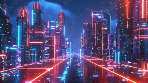 The image is a dark and mysterious cityscape. The city is full of tall buildings and skyscrapers, all of which are lit up by bright neon lights.