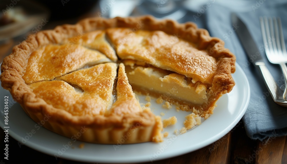 A delicious pie with a golden crust sits on a white plate, partially eaten. Multiple pieces are missing, showing its popularity. Silverware like forks and knives are arranged around it. A delicious pie with a golden crust sits on a white plate, partially eaten. Multiple pieces are missing, showing its popularity. Silverware like forks and knives are arranged around it.