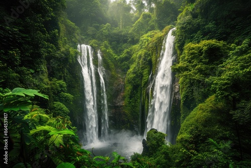 a waterfall in the middle of a lush green forest, captivating double waterfall tucked within a dense jungle