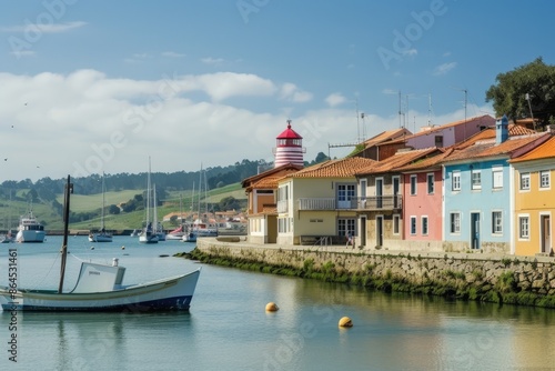 a small boat is in the water near a town, charming coastal town with lighthouses and fishing boats