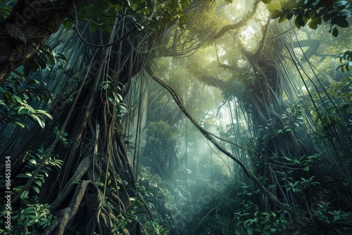 Fototapeta Naklejka Na Ścianę i Meble -  a forest with a tree in the middle, dense jungle with towering trees and winding vines