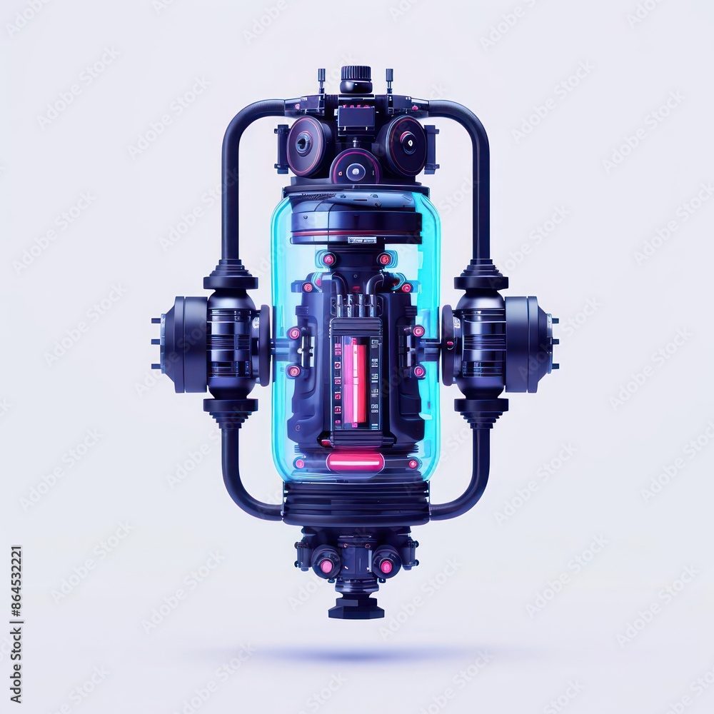 A detailed depiction of a filtration kit in a futuristic design, isolated with room for text on a clean background A detailed depiction of a filtration kit in a futuristic design, isolated with room for text on a clean background