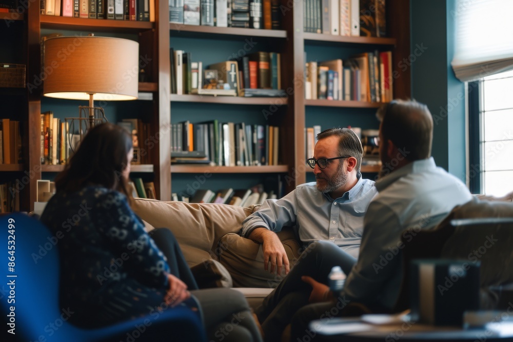 a living room with a couch, chair, and desk, gentle therapeutic conversation between a client and a psychologist in a warm, welcoming office a living room with a couch, chair, and desk, gentle therapeutic conversation between a client and a psychologist in a warm, welcoming office