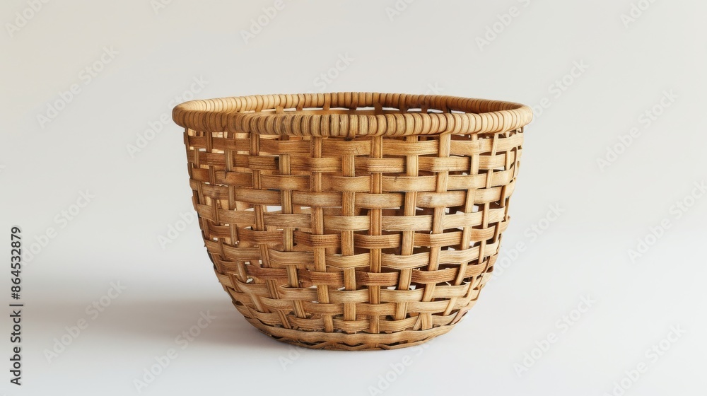 Woven rattan basket on white background, close-up studio shot. Handicraft and home decor concept Woven rattan basket on white background, close-up studio shot. Handicraft and home decor concept