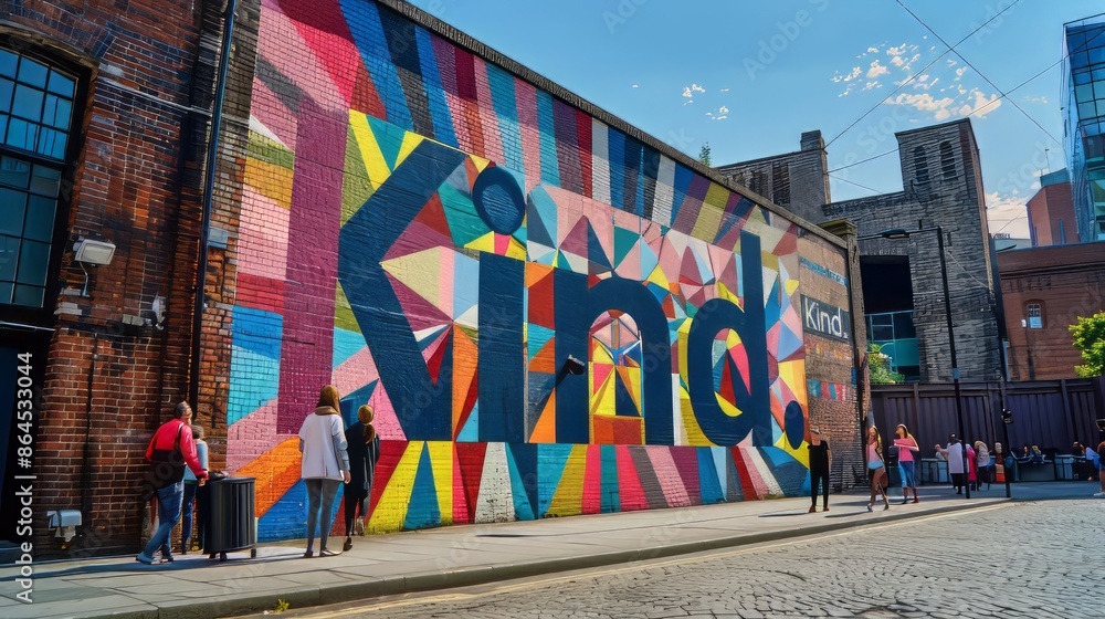 Fototapeta premium Kind word is written in big letters on the brick wall in city