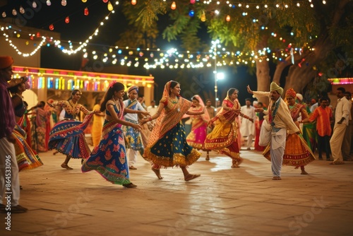 a group of people dancing in a courtyard, lively scene of Navratri celebrations with people dressed in traditional attire performing the Garba dance #864533096