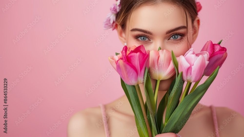 Photo of a beautiful woman holding a tulips bouquet Photo of a beautiful woman holding a tulips bouquet