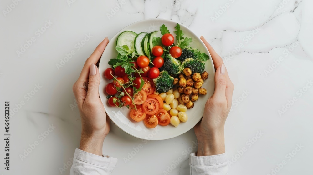 Photo of female hands serving plate with meal Photo of female hands serving plate with meal