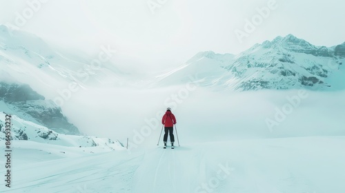 back view of skier on snow mountain white background
