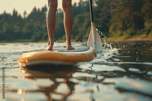 Paddleboarding at Sunset With Golden Light on the Water photo