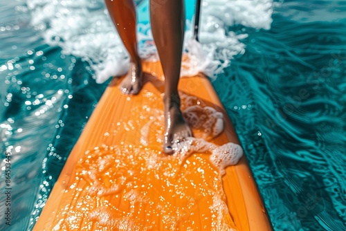 a close shot of a young woman swimming on the paddle board --chaos 10 --ar 3:2 Job ID: ac5ac3fb-f084-460a-af89-975452456cdb photo