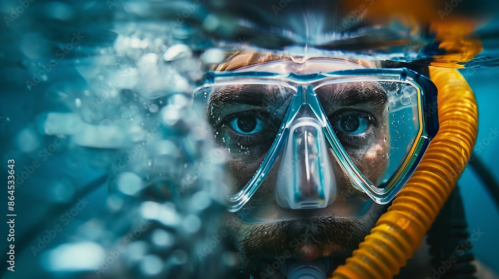 the face of a guy in an underwater mask with a breathing tube floating in the middle of the sea the face of a guy in an underwater mask with a breathing tube floating in the middle of the sea