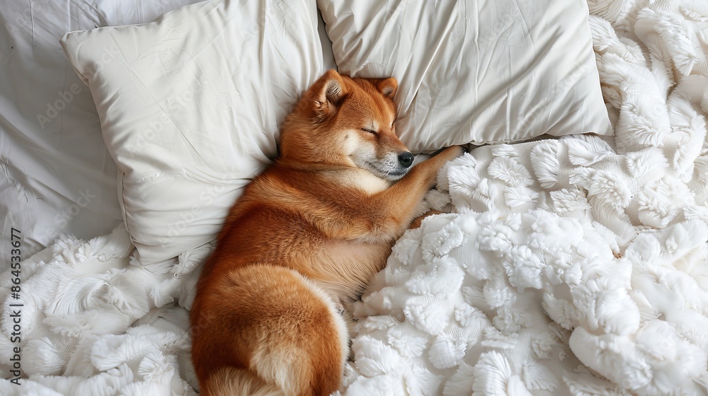 top view of a red dog sleeping soundly on a snow-white bed top view of a red dog sleeping soundly on a snow-white bed